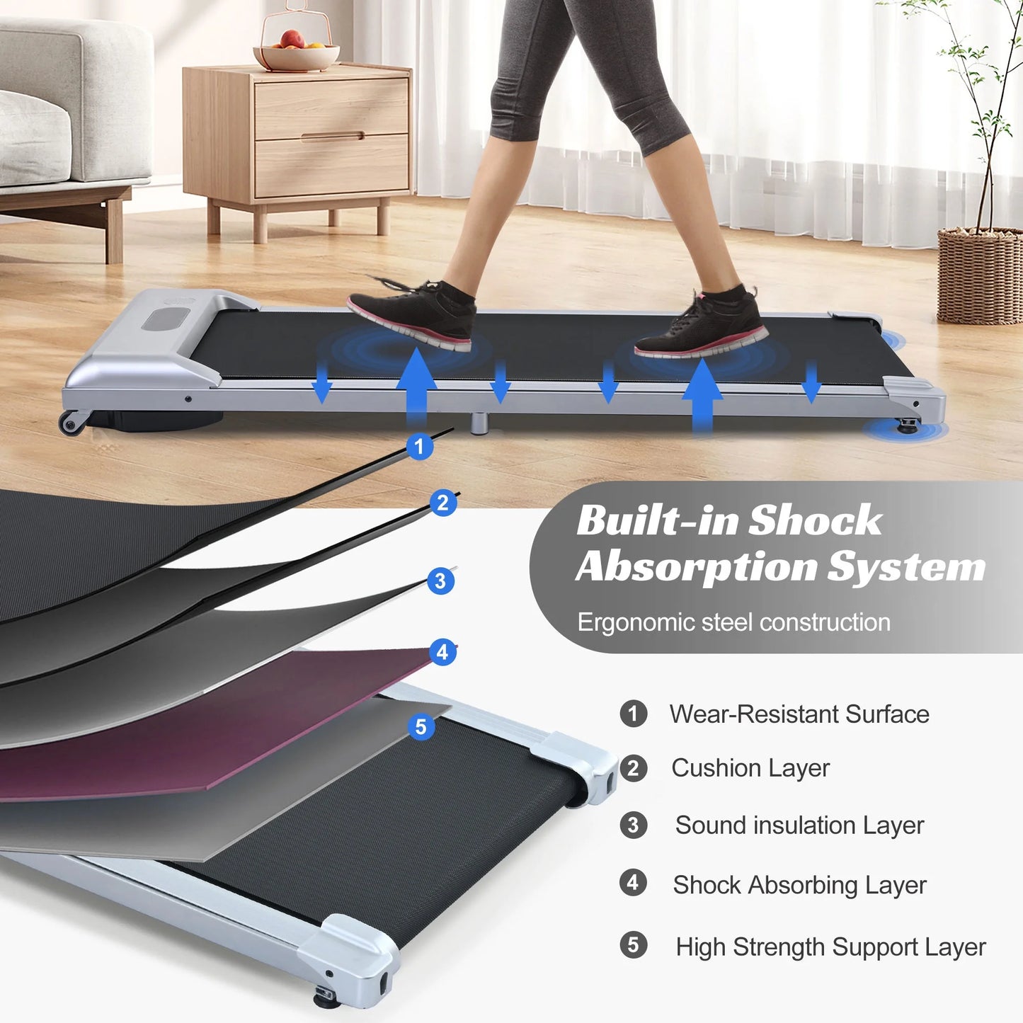 under Desk Treadmill, Walking Pad for Home/Office, Portable Walking Treadmill 2.5HP, Walking Jogging Machine with 265 Lbs Weight Capacity Remote Control LED Display,Silver