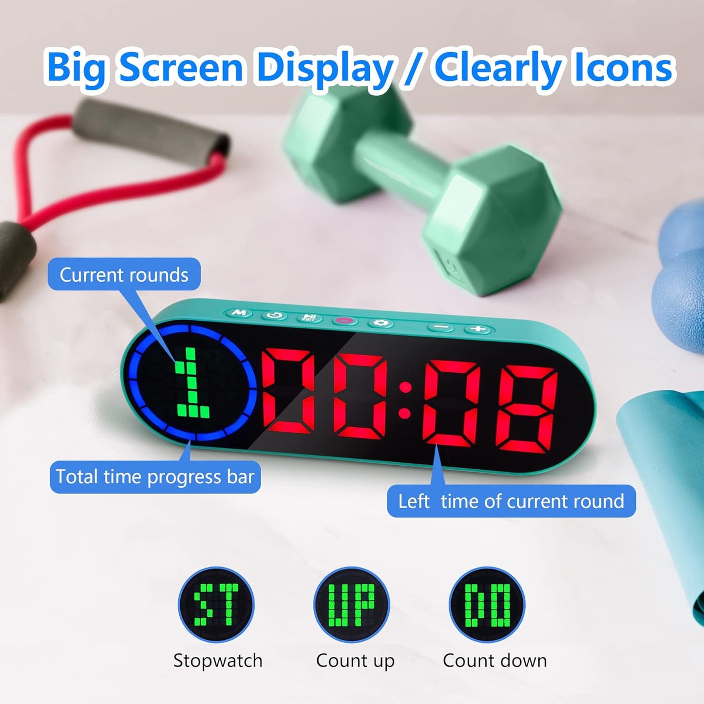 Portable Gym Timer for Home Gym Interval Timer for Workout with Time Progress Bar/Rounds, Workout Clock for Boxing HIIT Tabata Emom Fitness Rechargeable Battery Powered…