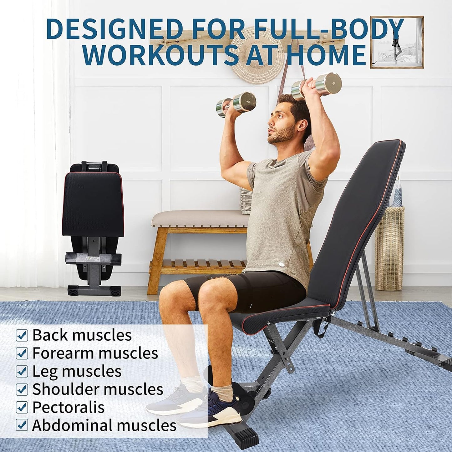 Weight Bench Capacity Weight Bench for Weight Training and Ab Exercises Full Body Workout for Home Gym Bench (Adjustable Weight Bench, with Pulling Rope)