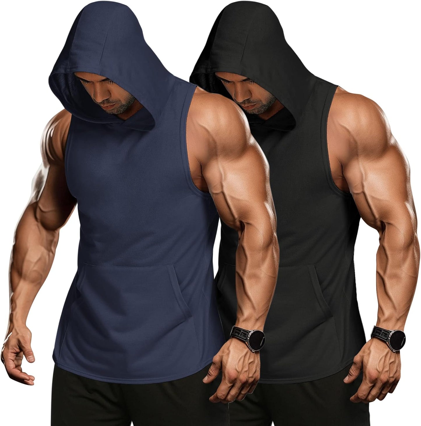 Men'S 2 Pack Workout Hooded Tank Tops Bodybuilding Muscle Cut off T Shirt Sleeveless Gym Hoodies