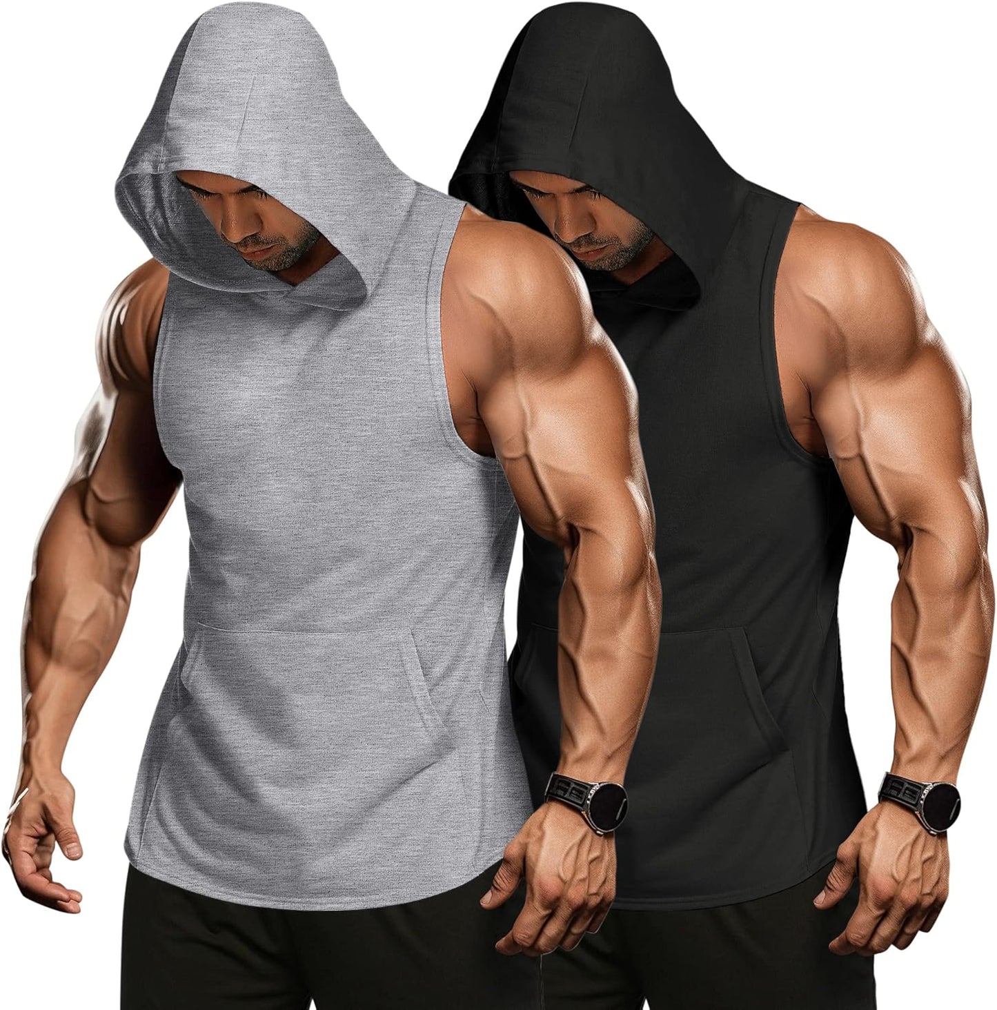 Men'S 2 Pack Workout Hooded Tank Tops Bodybuilding Muscle Cut off T Shirt Sleeveless Gym Hoodies