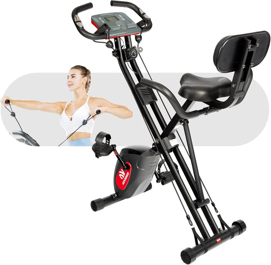 Exercise Bike Magnetic Bike Fitness Bike Cycle Folding Stationary Bike Arm Resistance Band with Arm Workout Backrest Extra-Large Seat Cushion Indoor Home Use