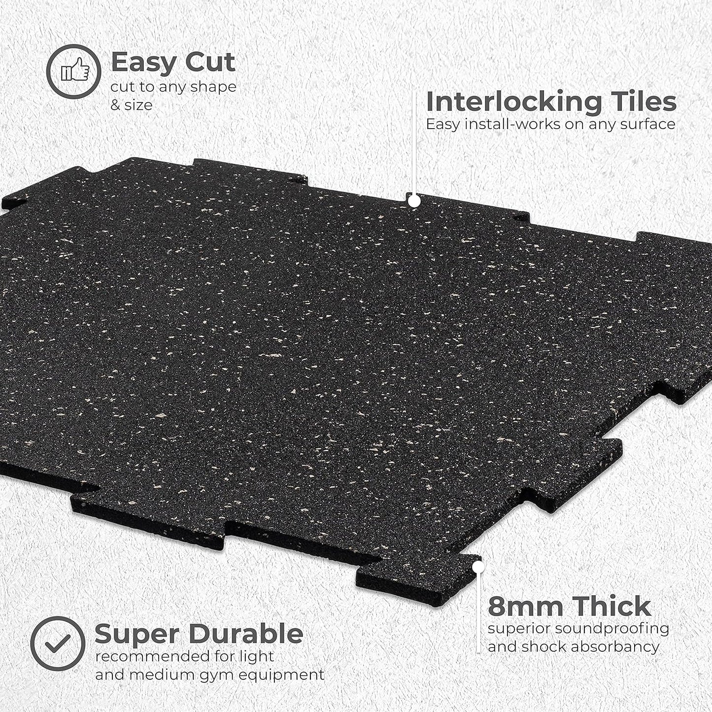 Genaflex Lite Rubber 8Mm Interlocking Tiles for Gym Flooring, Exercise Equipment, Exercise Areas - 20" X 20"