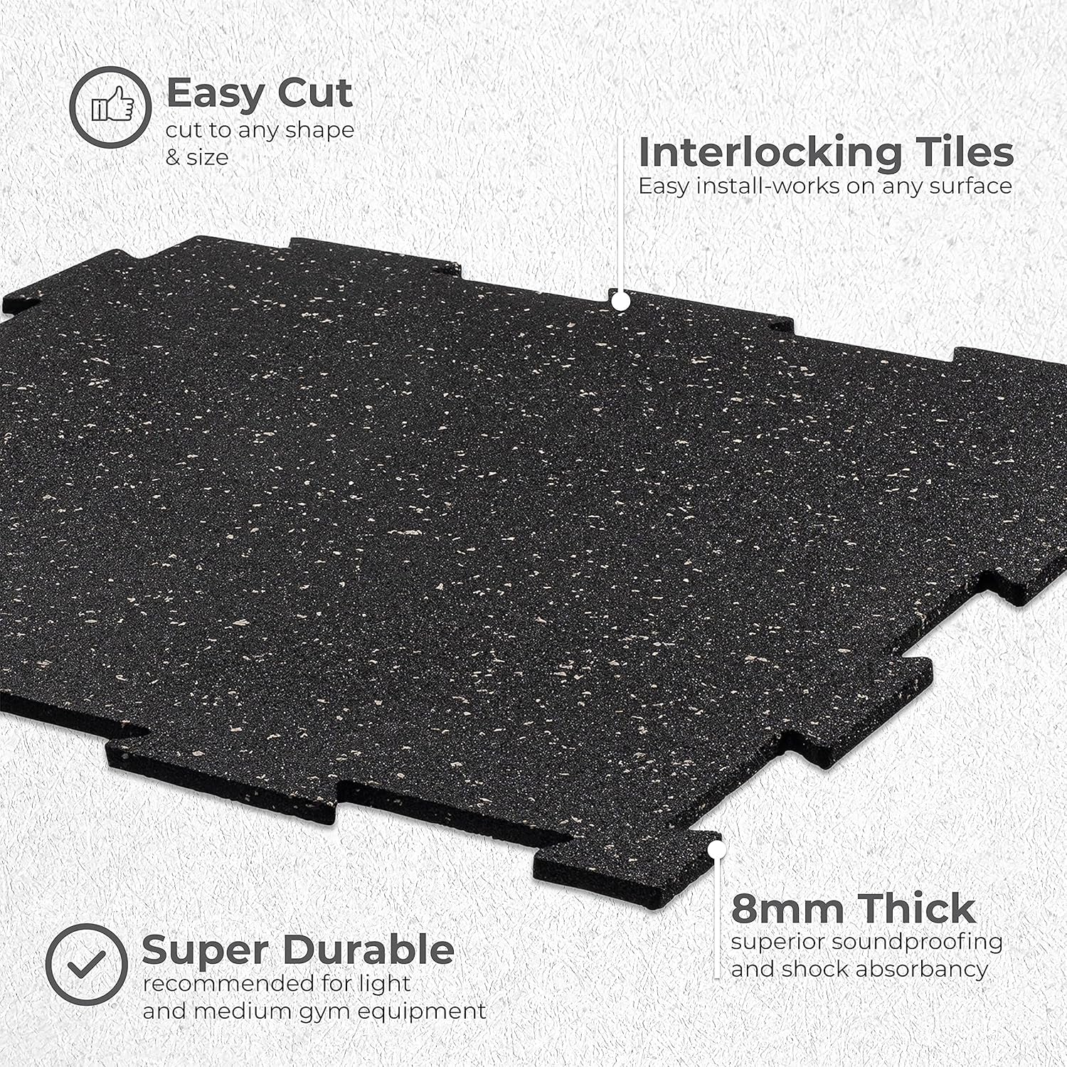 Genaflex Lite Rubber 8Mm Interlocking Tiles for Gym Flooring, Exercise Equipment, Exercise Areas - 20" X 20"