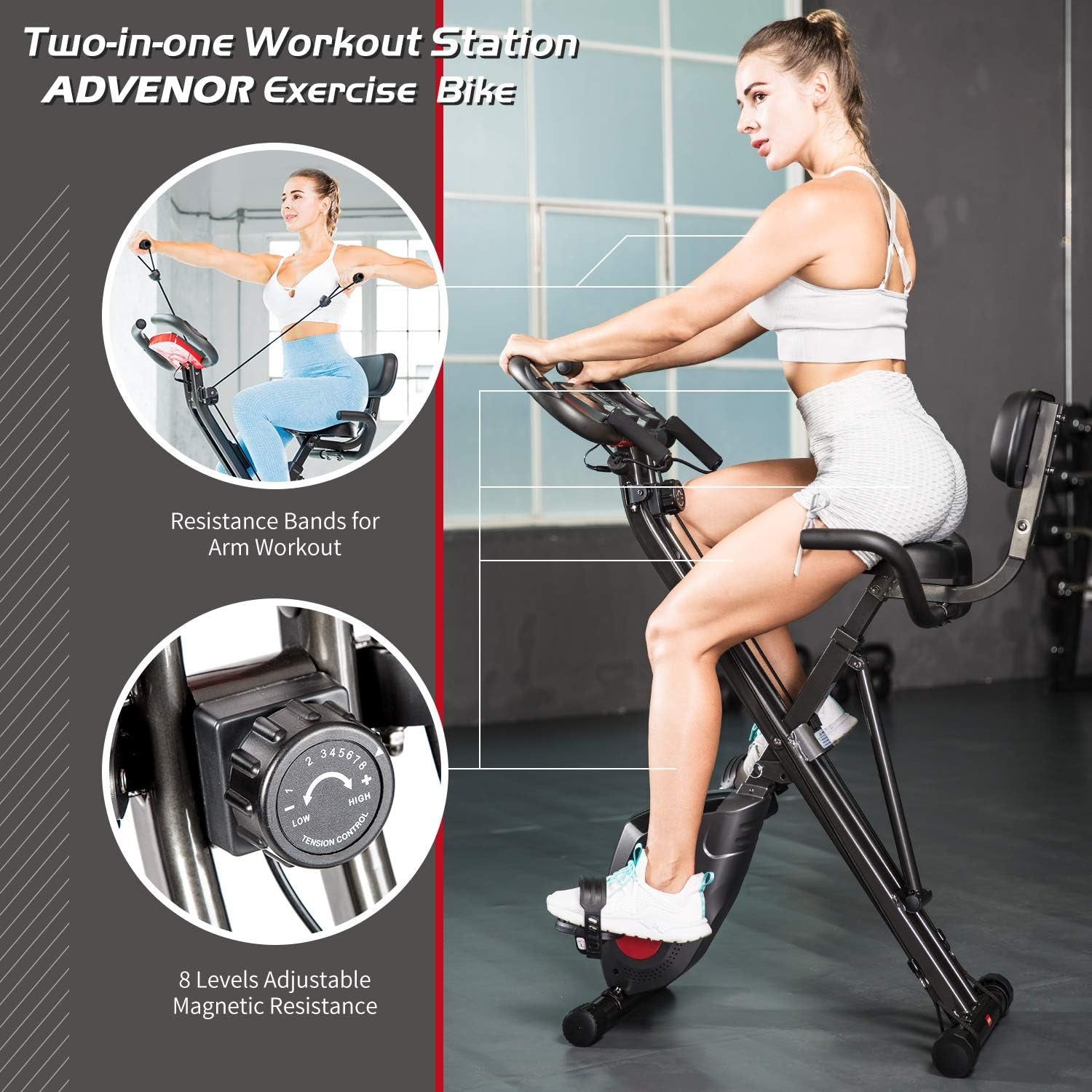 Exercise Bike Magnetic Bike Fitness Bike Cycle Folding Stationary Bike Arm Resistance Band with Arm Workout Backrest Extra-Large Seat Cushion Indoor Home Use
