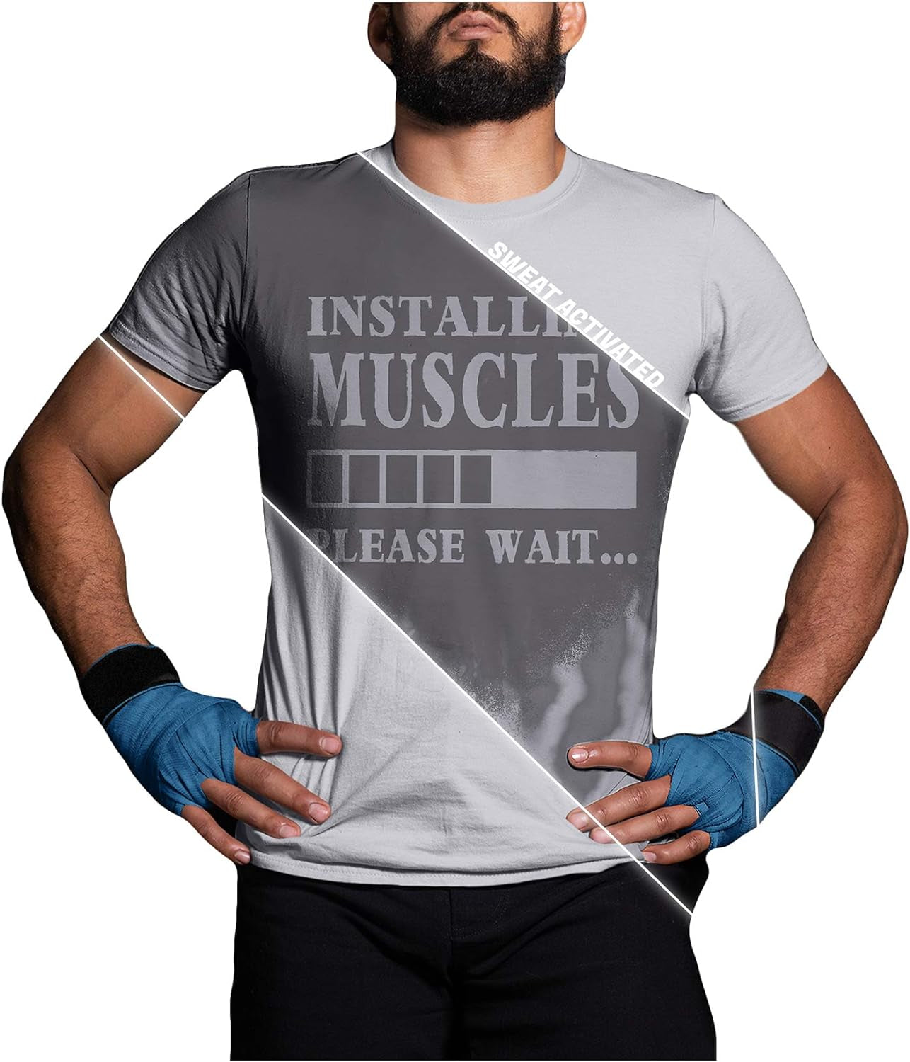 Sweat Activated T Shirt with Hidden Motivational Message Installing Muscles Please Wait Gym Gift Men