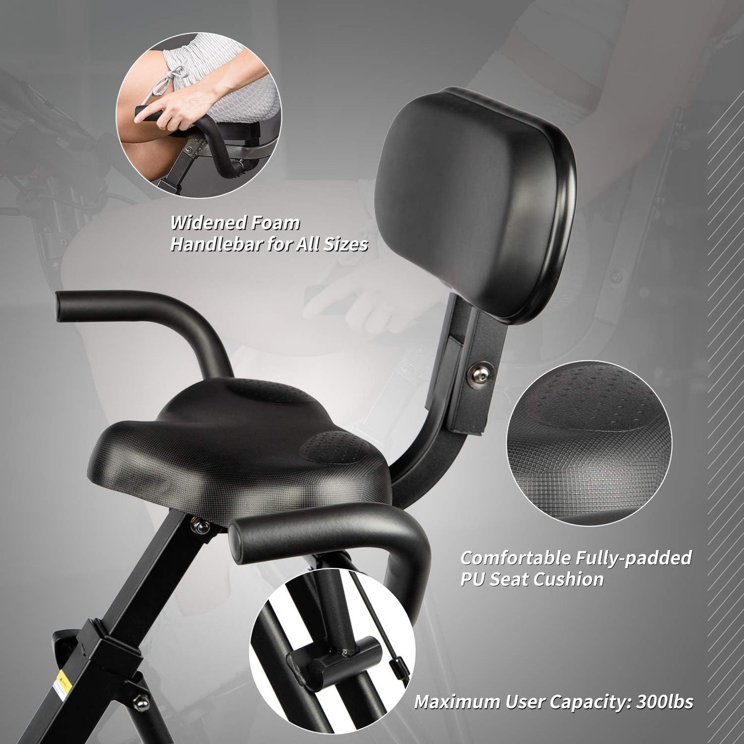 Exercise Bike Magnetic Bike Fitness Bike Cycle Folding Stationary Bike Arm Resistance Band with Arm Workout Backrest Extra-Large Seat Cushion Indoor Home Use