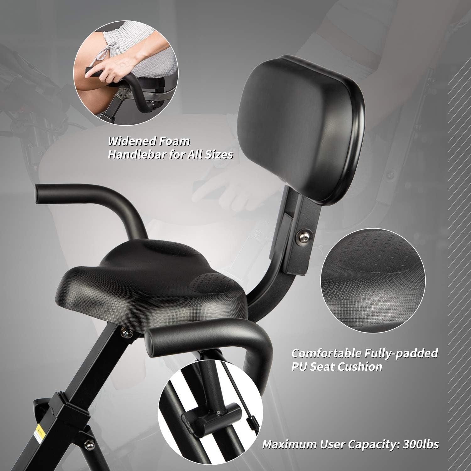 Exercise Bike Magnetic Bike Fitness Bike Cycle Folding Stationary Bike Arm Resistance Band with Arm Workout Backrest Extra-Large Seat Cushion Indoor Home Use