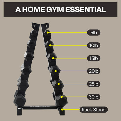 Heavy-Duty Workout Rubber Hex Dumbbell Weight Set with Rack, 210 Lbs (5-30 Lbs)